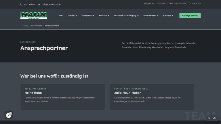 Website HAUN Firmengruppe - Seite Ansprechpartner