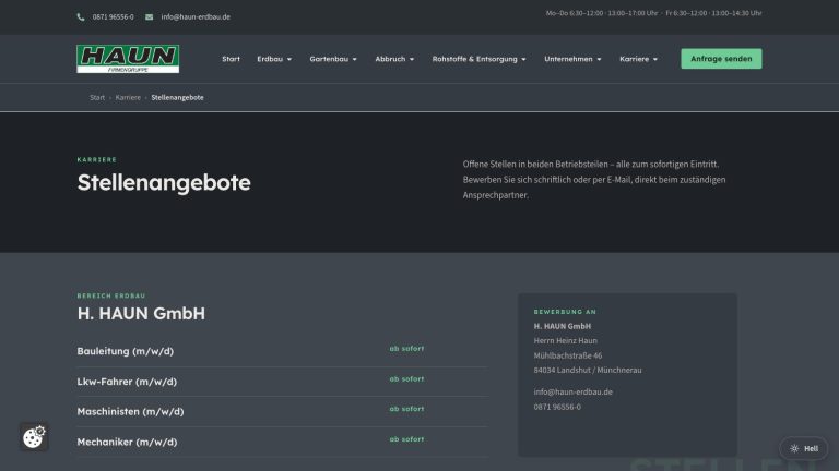 Website HAUN Firmengruppe - Seite Stellenangebote