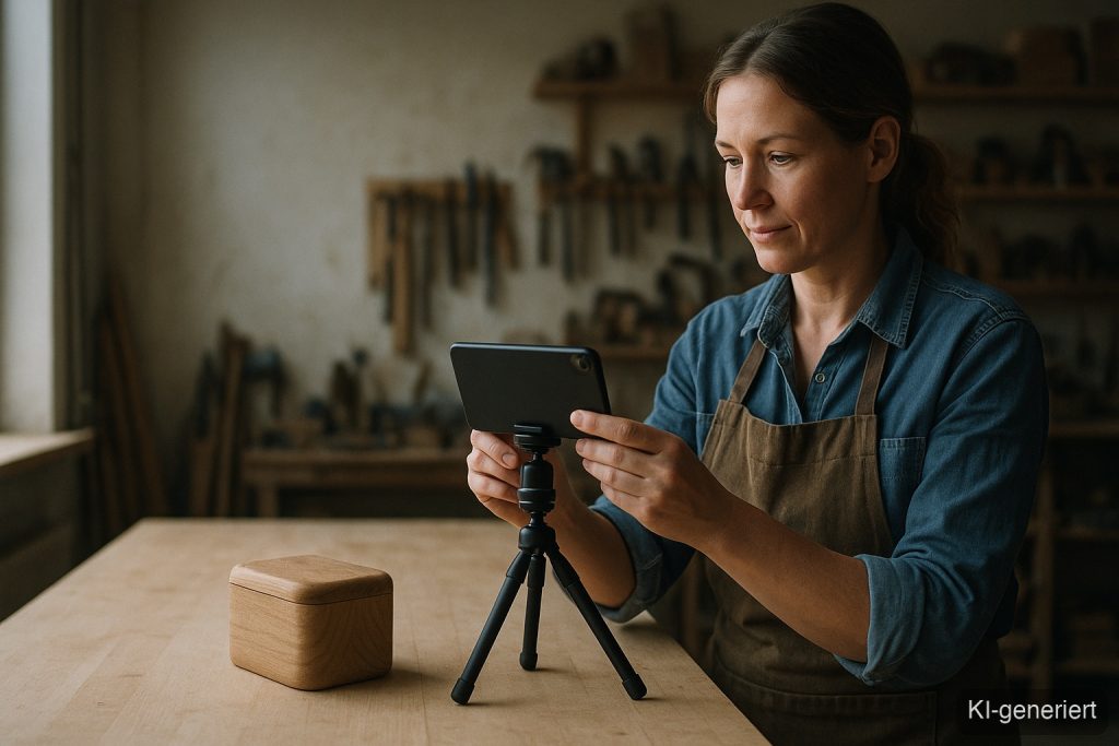 Handwerkerin plant am Tablet ihre Social-Media-Beiträge – Social-Media-Betreuung von 365art aus Landshut